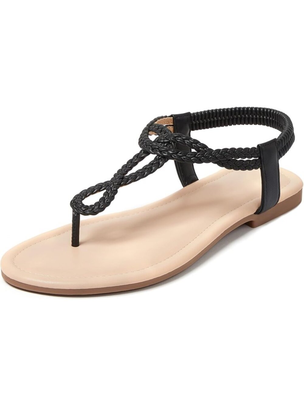 🆕 Women's Black Beige Braided T-Strap Flat Sandals Summer Boho Beach Shoes